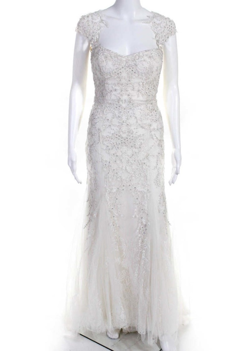 Monique Lhuillier Womens Radiance Lace Crystal Wedding Dress Ivory