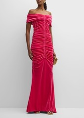 Monique Lhuillier Off-The-Shoulder Ruched Velour Gown