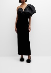 Monique Lhuillier One-Shoulder Sculptural Puff-Sleeve Tea-Length Dress