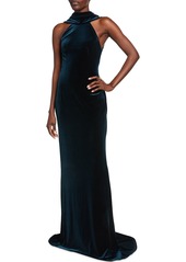 Monique Lhuillier Plunging Draped-Back Fitted Velour Gown 