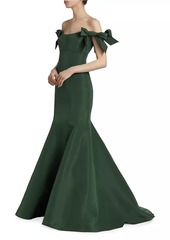 Monique Lhuillier Silk Bow-Sleeve Trumpet Gown