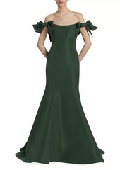 Monique Lhuillier Silk Bow-Sleeve Trumpet Gown