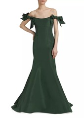 Monique Lhuillier Silk Bow-Sleeve Trumpet Gown