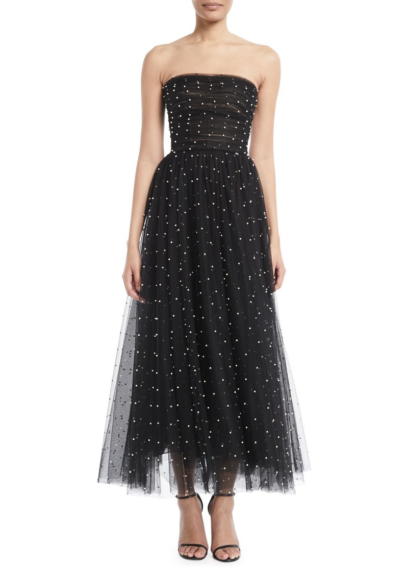 Monique Lhuillier Strapless Pearl-Embellished Tulle Tea-Length Cocktail ...