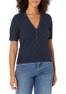 Monrow Women's HT1352-Checkered Sweater Henley S/S Top