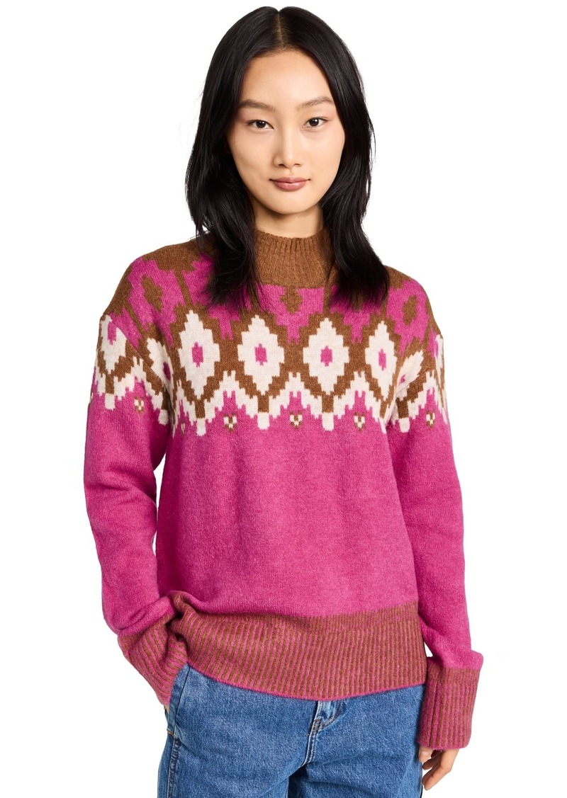 Monrow Women's Mock Neck Fair Isle Sweater  Pink Print XS