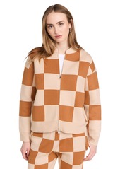Monrow Women's Supersoft Sweater Knit Checkered Bomber  Plaid Orange S