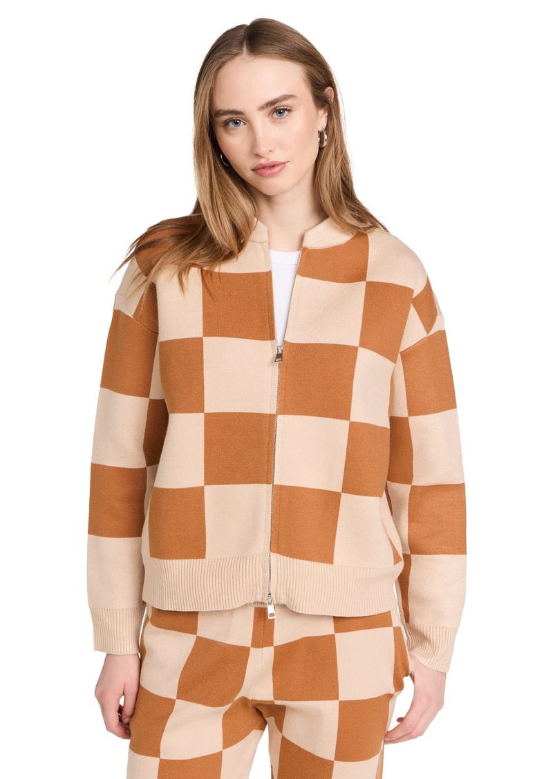 Monrow Women's Supersoft Sweater Knit Checkered Bomber  Plaid Orange M