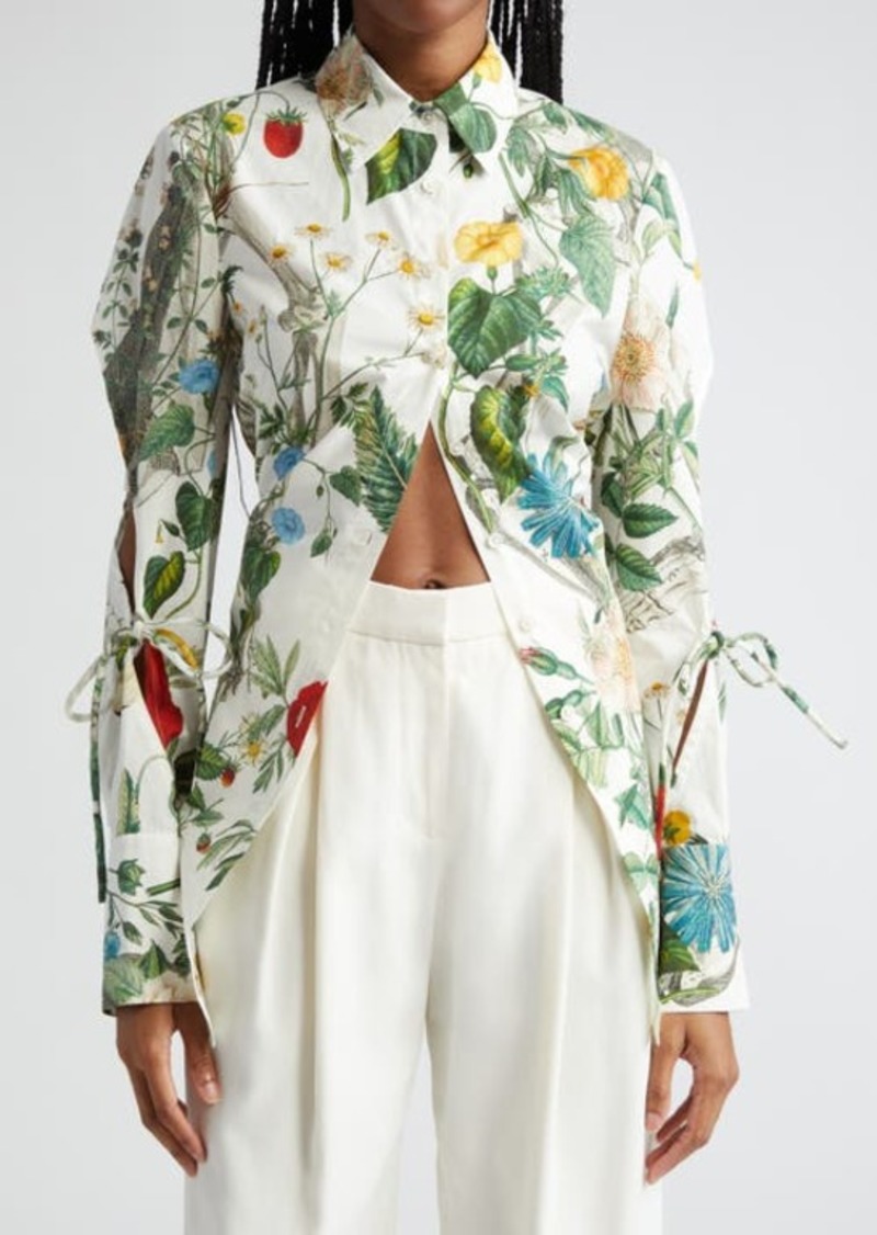 MONSE Floral Skeleton Print Cutout Cotton Button-Up Shirt