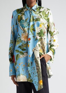 MONSE Floral Skeleton Print Silk Button-Up Shirt