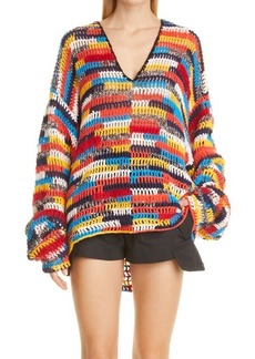 MONSE High-Low Crochet Cotton Blend Hoodie in Rainbow Multi at Nordstrom