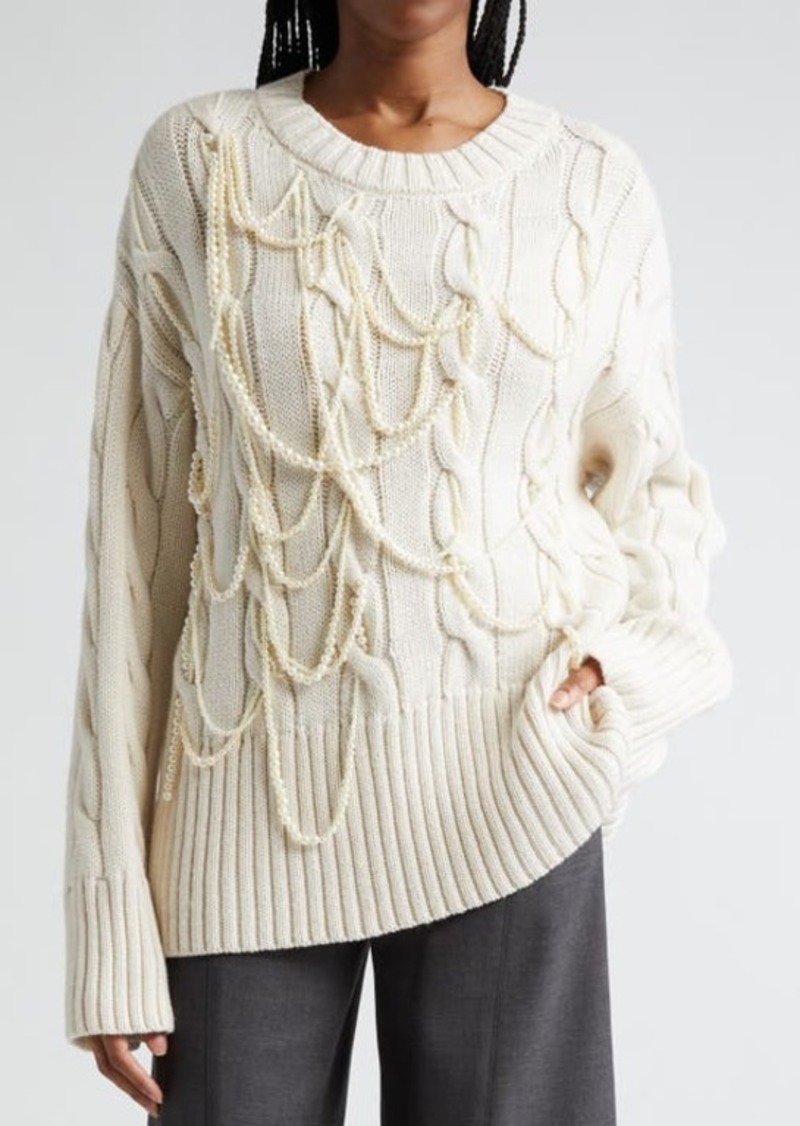 MONSE Imitation Pearl Detail Cable Merino Wool Sweater