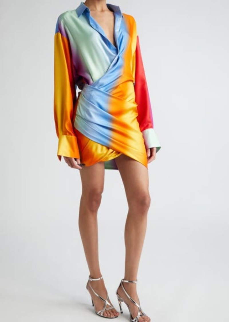 MONSE Rainbow Blur Long Sleeve Silk Wrap Shirtdress