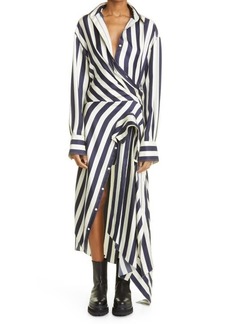 MONSE Stripe Asymmetric Long Sleeve Silk Shirtdress in Midnight Ivory at Nordstrom