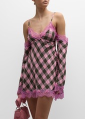 Moschino Check Lace Long-Sleeve Mini Dress
