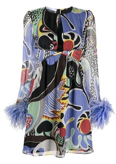 Moschino feather-trim psychedelic print dress