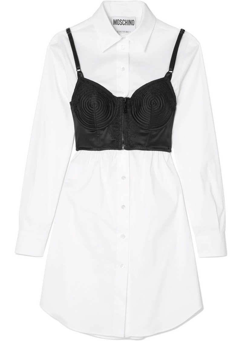 Moschino Layered Lace-trimmed Satin And Cotton-blend Poplin Dress