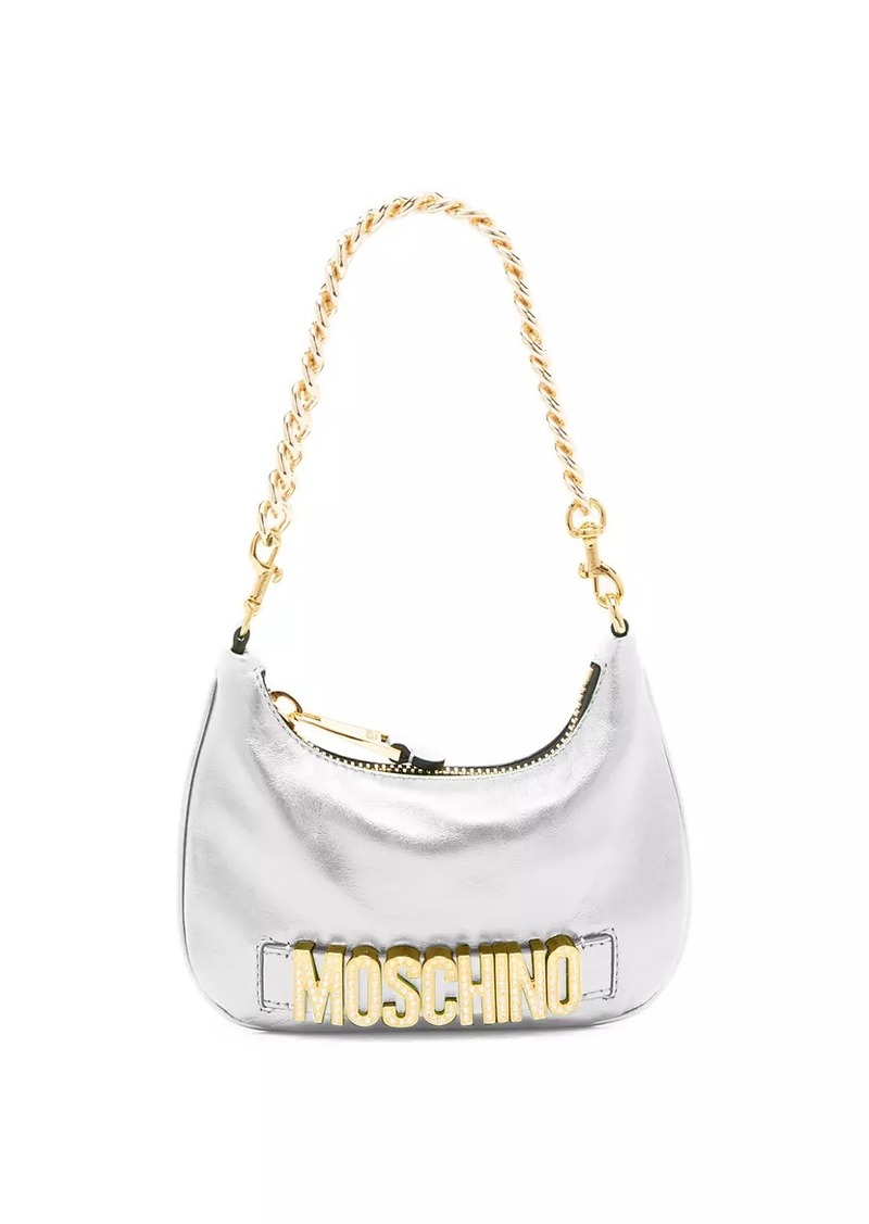 Moschino Metallic Leather Crystal-Logo Crescent Shoulder Bag