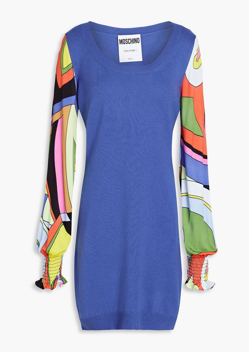 Moschino - Printed jersey-paneled silk and cashmere-blend mini dress - Blue - IT 42
