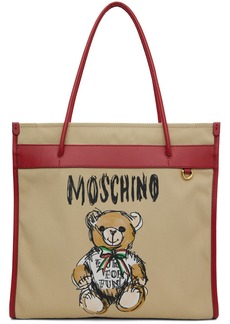 Moschino Beige Drawn Teddy Bear Canvas Shopper Tote
