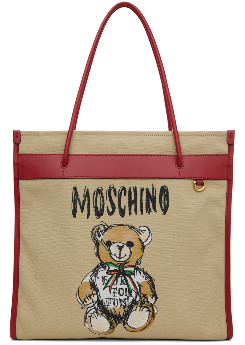 Moschino Beige Drawn Teddy Bear Canvas Shopper Tote