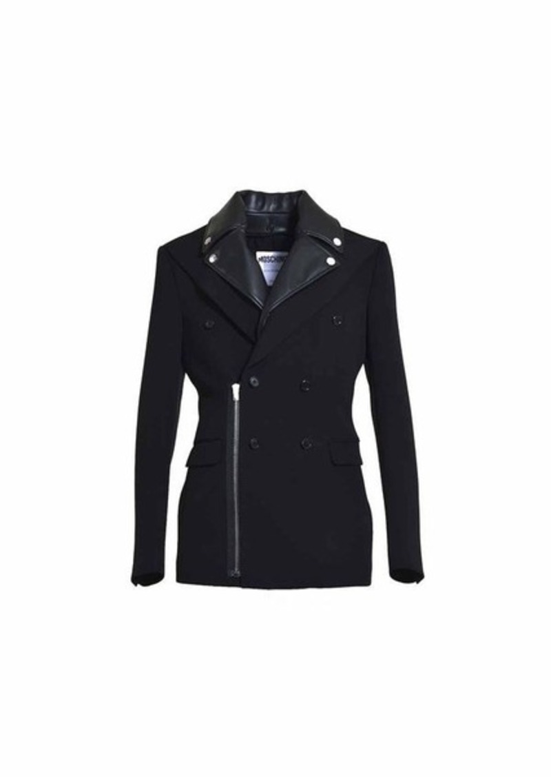 MOSCHINO Black double-breasted jacket in virgin wool grain de poudre with Biker detail Moschino