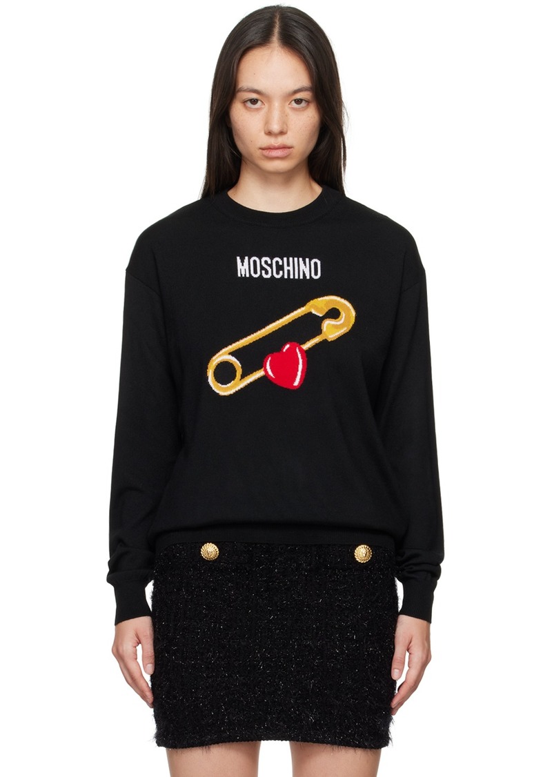 Moschino Black Intarsia Heart Safety Pin Sweater