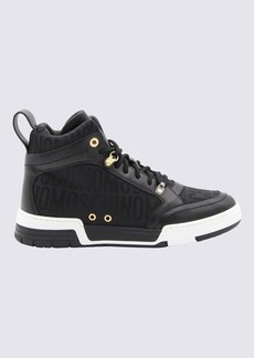 MOSCHINO BLACK LEATHER AND CANVAS MONOGRAM JACQUARD HIGH TOP SNEAKERS