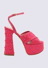 MOSCHINO FUCHSIA NYLON AND LEATHER ALLOVER MONOGRAM JACQUARD SANDALS