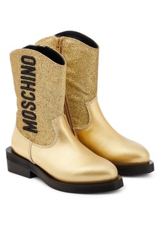 Moschino Kids Logo glitter leather cowboy boots