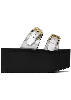 Moschino Silver Lettering Logo Laminated Wedge Sandals