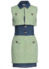 Moschino Woman Denim-paneled Wool-blend Bouclé-tweed Mini Dress Light Green