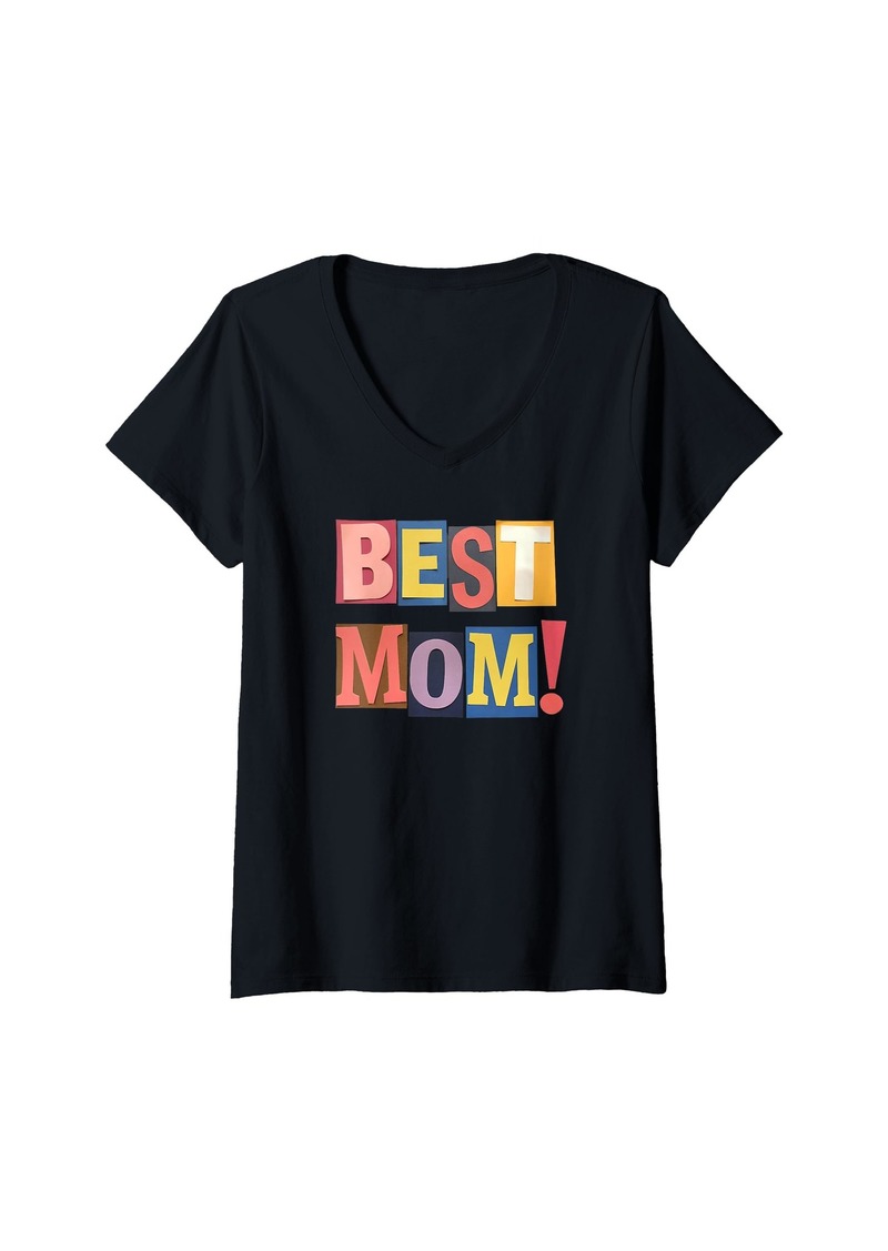 Mother Denim Womens Best Mom Colorful Lettering Mother's Day Present V-Neck T-Shirt