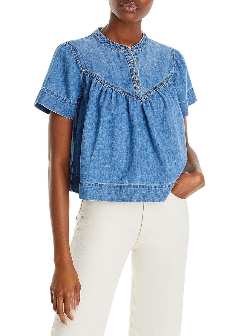 Mother Denim Womens Denim Split-Neck Blouse