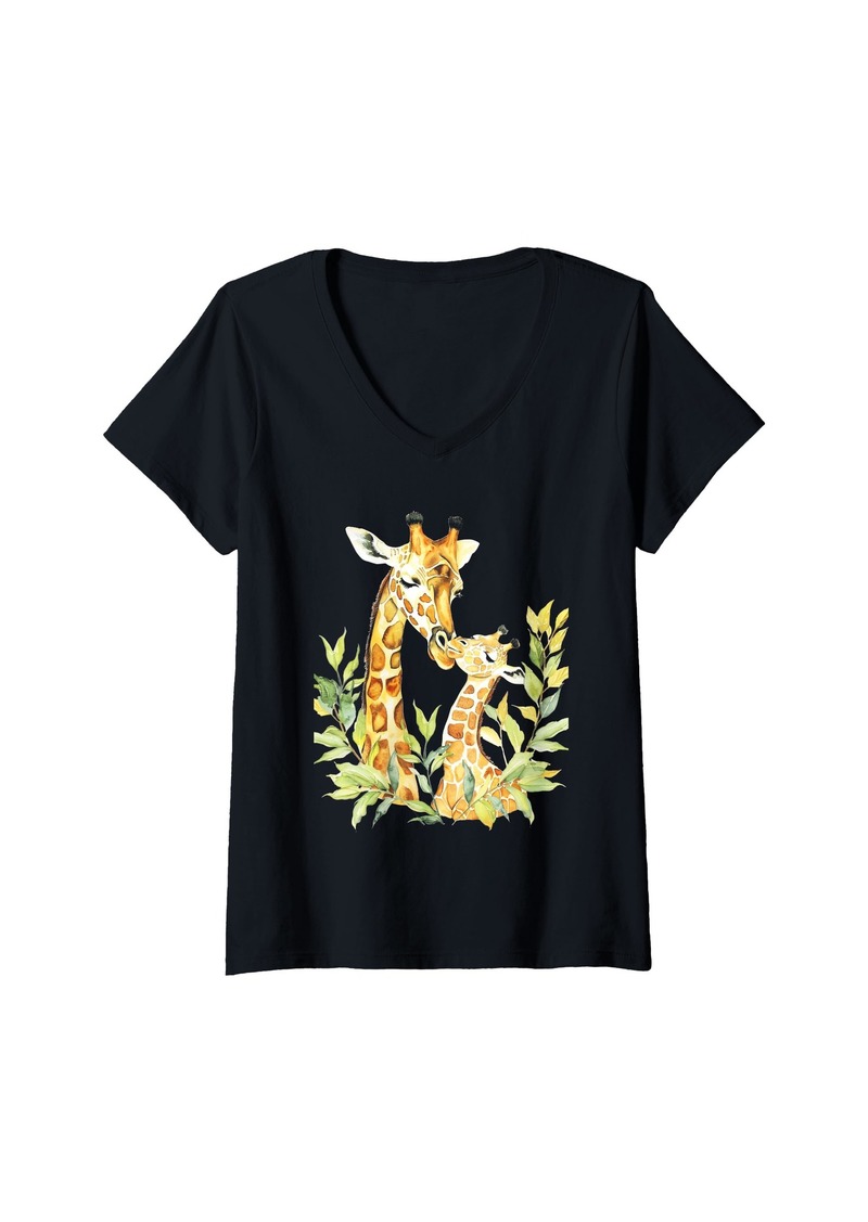 Mother Denim Womens Giraffe Baby Green Leaves Giraffe lovers Animal V-Neck T-Shirt