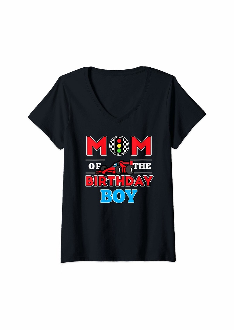 Mother Denim Womens Mom Of The Birthday Boy Race Car Mommy V-Neck T-Shirt