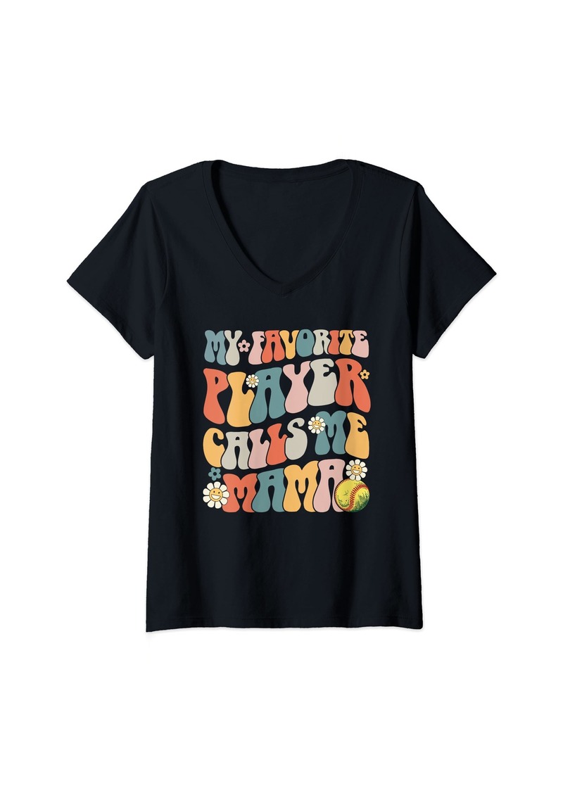 Mother Denim Womens My Favorite Softball Player Calls Me Mama Mother's Day V-Neck T-Shirt