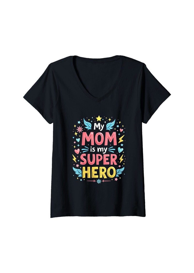 Mother Denim Womens My MOM Is My SUPER HERO Mother Celebration V-Neck T-Shirt