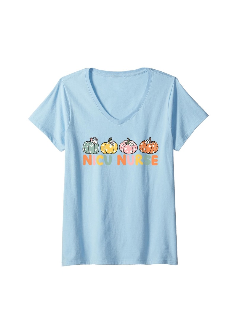 Mother Denim Womens Retro NICU Nurse Stethoscope Heart Pumpkin Fall Thanksgiving V-Neck T-Shirt