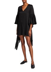 Mother Of Pearl Ailsa Draped Twill V-Neck Dress with Fringe