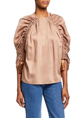 Mother Of Pearl Gathered Twill Top with Tassels