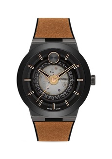 Movado Bold Fusion Auto Ion-Plated Steel Leather-Strap Watch