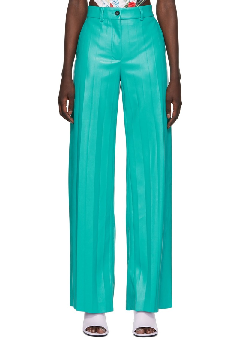 MSGM Blue Pleated Faux-Leather Pants