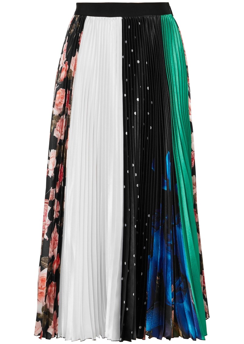 Msgm Woman Paneled Pleated Printed Satin Midi Skirt Multicolor