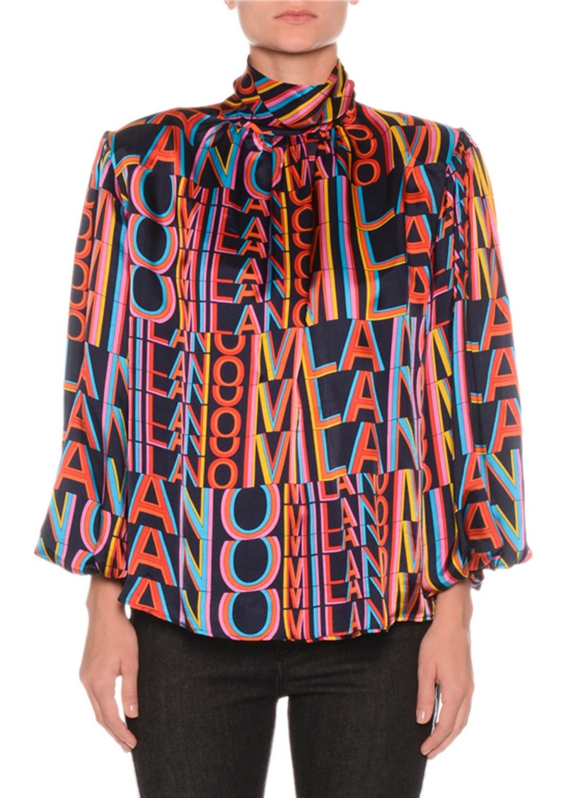 Printed Satin Boxy High-Neck Blouse with Removable Shoulder Pads