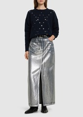 MSGM Silver-coated Cotton Denim Long Skirt