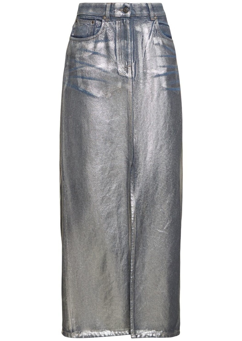 MSGM Silver-coated Cotton Denim Long Skirt