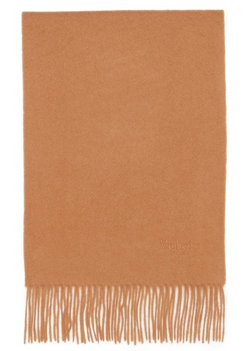 Mulberry Embroidered Logo Fringe Trim Cashmere Scarf