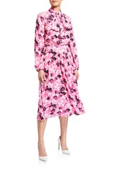 Nº21 Long-Sleeve Floral Tie-Neck Midi Dress