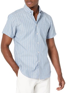 Naked & Famous Denim Men's Short Sleeve Easy Shirt Fit Button Down in Vintage Dobby Stripes-Pale Blue XL